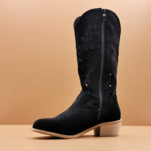 Angkorly - Zapatillas Moda Botas Botines santiags Cowboy Vaquero Flexible Folk/Etnico Mujer Perforado Efecto Madera Tacón Ancho 4.5 CM - Negro AB69 T 40