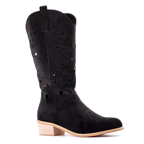 Angkorly - Zapatillas Moda Botas Botines santiags Cowboy Vaquero Flexible Folk/Etnico Mujer Perforado Efecto Madera Tacón Ancho 4.5 CM - Negro AB69 T 40