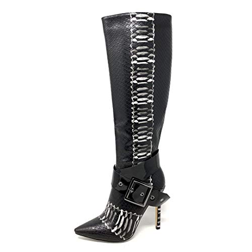 Angkorly - Zapatillas Moda Botas Cavalier Stiletto Sexy Mujer Efecto Piel de Serpiente pitón Hebilla Tacón de Aguja Alto 11 CM - Negro H633 T 41
