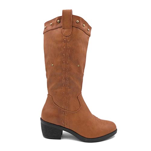 Angkorly - Zapatillas Moda Botas santiags Cowboy Vaquero Western/Occidental Folk/Etnico Mujer Tachonado Glitter Tacón Ancho Alto 5.5 CM Textil - Camel FR160 T 37