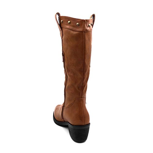 Angkorly - Zapatillas Moda Botas santiags Cowboy Vaquero Western/Occidental Folk/Etnico Mujer Tachonado Glitter Tacón Ancho Alto 5.5 CM Textil - Camel FR160 T 37