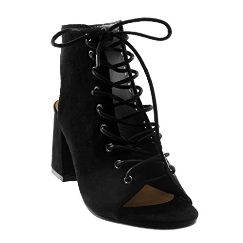 Angkorly - Zapatillas Moda Botines Altas Open-Back Peep-Toe Mujer Encaje Tacón Ancho Alto 8.5 CM - Negro W05-21 T 39
