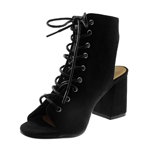 Angkorly - Zapatillas Moda Botines Altas Open-Back Peep-Toe Mujer Encaje Tacón Ancho Alto 8.5 CM - Negro W05-21 T 39