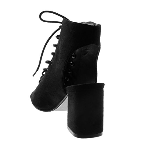 Angkorly - Zapatillas Moda Botines Altas Open-Back Peep-Toe Mujer Encaje Tacón Ancho Alto 8.5 CM - Negro W05-21 T 39