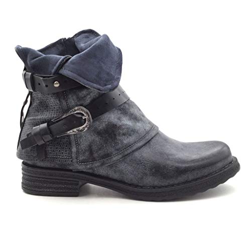 Angkorly - Zapatillas Moda Botines Biker Cubierta Mujer Hebilla Trenzado Bloque 3.5 CM Ligeramente Forrada de Piel - Azul Oscuro F2863 T 36