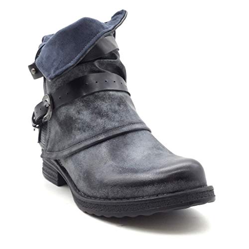 Angkorly - Zapatillas Moda Botines Biker Cubierta Mujer Hebilla Trenzado Bloque 3.5 CM Ligeramente Forrada de Piel - Azul Oscuro F2863 T 36