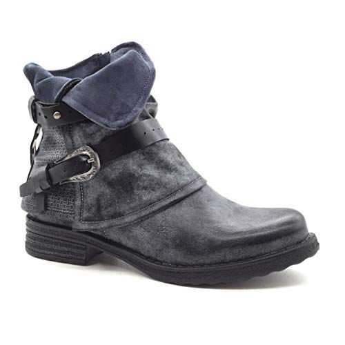 Angkorly - Zapatillas Moda Botines Biker Cubierta Mujer Hebilla Trenzado Bloque 3.5 CM Ligeramente Forrada de Piel - Azul Oscuro F2863 T 36