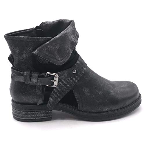 Angkorly - Zapatillas Moda Botines Biker - Moto Reversible Rock Mujer Tanga impresión de Serpiente Bloque 3.5 CM - Negro F3033 T 37