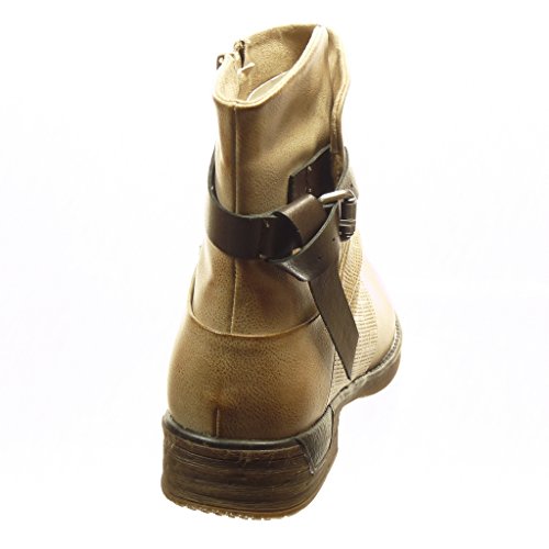 Angkorly - Zapatillas Moda Botines Biker - Motociclistas Cavalier Mujer Perforado Hebilla Tanga Talón Tacón Ancho 3 CM - Plantilla Forrada de Piel - Beige F985 T 36