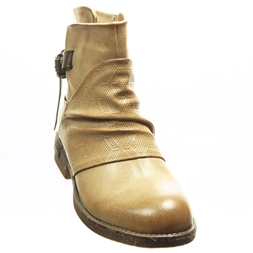 Angkorly - Zapatillas Moda Botines Biker - Motociclistas Cavalier Mujer Perforado Hebilla Tanga Talón Tacón Ancho 3 CM - Plantilla Forrada de Piel - Beige F985 T 36