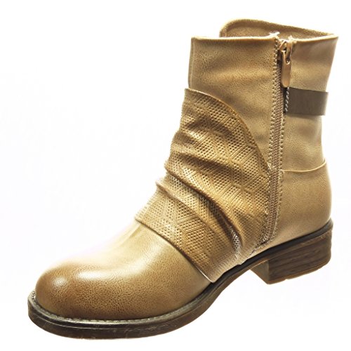Angkorly - Zapatillas Moda Botines Biker - Motociclistas Cavalier Mujer Perforado Hebilla Tanga Talón Tacón Ancho 3 CM - Plantilla Forrada de Piel - Beige F985 T 36