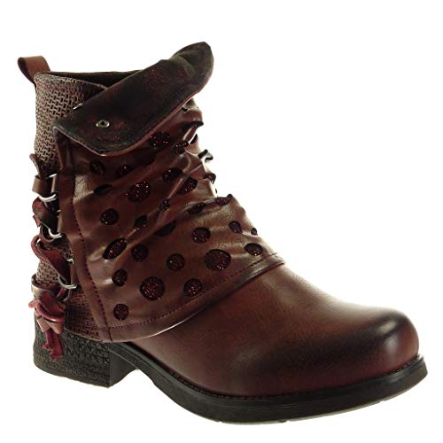Angkorly - Zapatillas Moda Botines Biker Motociclistas Classic Stile Vendimia Mujer Perforado Brillantes Tanga Tacón Ancho Alto 3.5 CM Forrada de Piel - Burdeos F2839 T 38