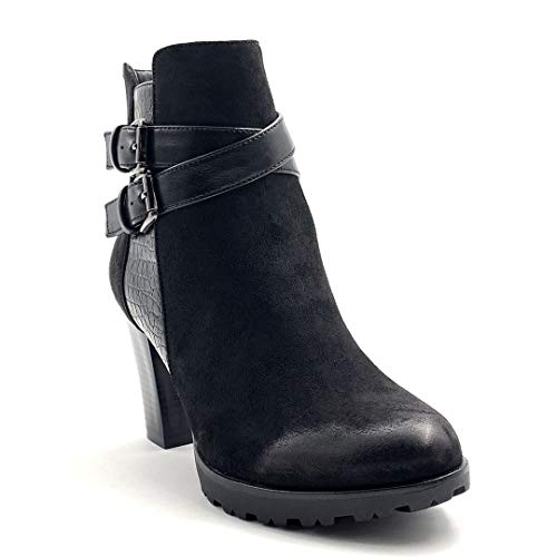 Angkorly - Zapatillas Moda Botines Botas Biker - Moto Glam Rock Chelsea Boots Mujer Efecto Piel de Serpiente pitón Multi-Correa Tacón Ancho Alto 8.5 CM - Negro 3 F3125 T 36