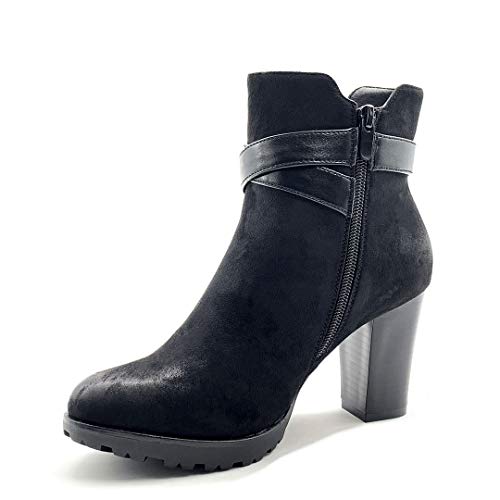 Angkorly - Zapatillas Moda Botines Botas Biker - Moto Glam Rock Chelsea Boots Mujer Efecto Piel de Serpiente pitón Multi-Correa Tacón Ancho Alto 8.5 CM - Negro 3 F3125 T 39