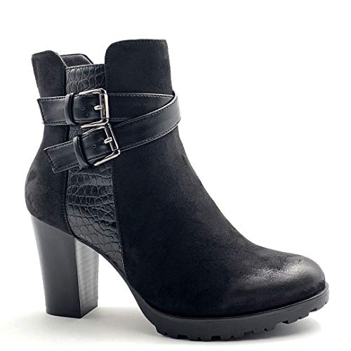 Angkorly - Zapatillas Moda Botines Botas Biker - Moto Glam Rock Chelsea Boots Mujer Efecto Piel de Serpiente pitón Multi-Correa Tacón Ancho Alto 8.5 CM - Negro 3 F3125 T 39