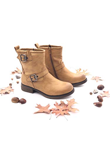Angkorly - Zapatillas Moda Botines Botas Biker Motociclistas Mujer Hebilla Tanga Tacón Ancho 3 CM Ligeramente Forrada de Piel - Camel 2 C381 T 36