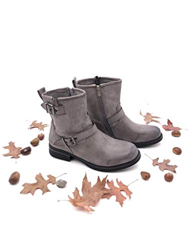 Angkorly - Zapatillas Moda Botines Botas Biker Motociclistas Mujer Hebilla Tanga Tacón Ancho 3 CM Ligeramente Forrada de Piel - Gris C381 T 37