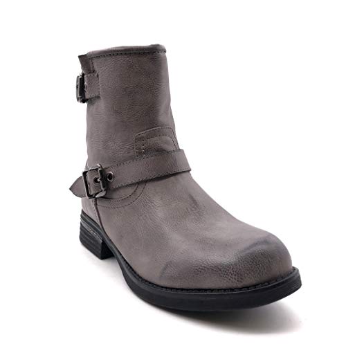Angkorly - Zapatillas Moda Botines Botas Biker Motociclistas Mujer Hebilla Tanga Tacón Ancho 3 CM Ligeramente Forrada de Piel - Gris C381 T 37