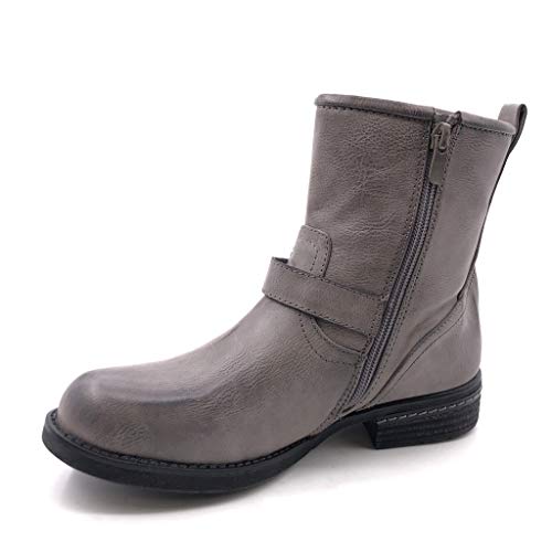 Angkorly - Zapatillas Moda Botines Botas Biker Motociclistas Mujer Hebilla Tanga Tacón Ancho 3 CM Ligeramente Forrada de Piel - Gris C381 T 37