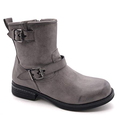 Angkorly - Zapatillas Moda Botines Botas Biker Motociclistas Mujer Hebilla Tanga Tacón Ancho 3 CM Ligeramente Forrada de Piel - Gris C381 T 37