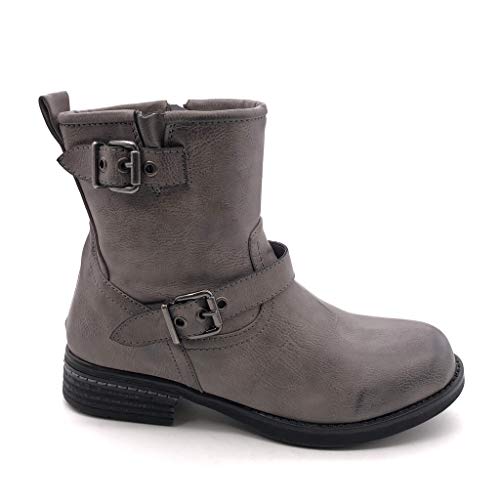 Angkorly - Zapatillas Moda Botines Botas Biker Motociclistas Mujer Hebilla Tanga Tacón Ancho 3 CM Ligeramente Forrada de Piel - Gris C381 T 37