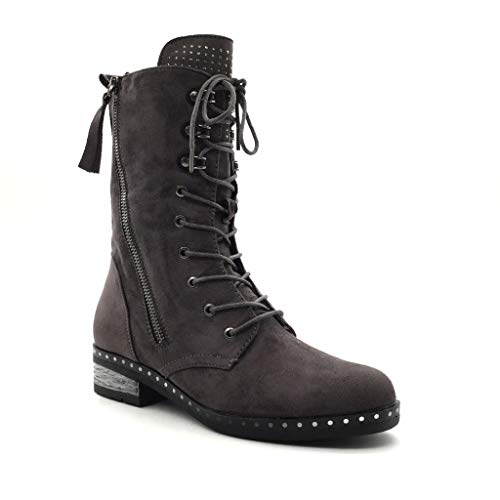 Angkorly - Zapatillas Moda Botines Botas Botas Militares Biker Motociclistas Mujer Encaje Cremallera Strass Tacón Ancho Alto 4 CM Forrada de Piel - Gris H309 T 36