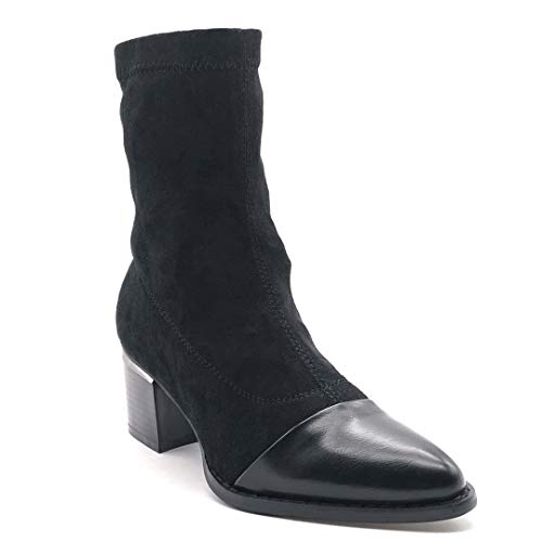 Angkorly - Zapatillas Moda Botines Botas calcetín Biker - Moto Flexible Mujer Detalle metálico básica  Tacón Ancho Alto 5.5 CM - Negro C706 T 36