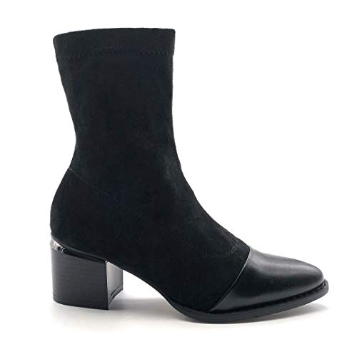 Angkorly - Zapatillas Moda Botines Botas calcetín Biker - Moto Flexible Mujer Detalle metálico básica  Tacón Ancho Alto 5.5 CM - Negro C706 T 36