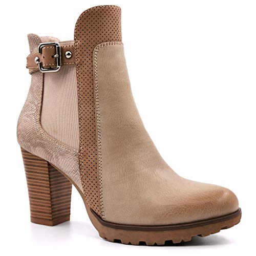 Angkorly - Zapatillas Moda Botines Botas Chelsea Boots Biker - Moto Glam Rock Mujer Efecto Piel de Serpiente pitón Hebilla Tacón Ancho Alto 8 CM - Beige F3127 T 36