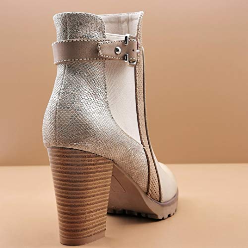 Angkorly - Zapatillas Moda Botines Botas Chelsea Boots Biker - Moto Glam Rock Mujer Efecto Piel de Serpiente pitón Hebilla Tacón Ancho Alto 8 CM - Beige F3127 T 36