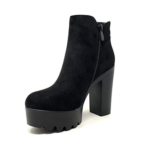 Angkorly - Zapatillas Moda Botines Botas Chelsea Boots Biker - Moto Sexy Mujer Simple básica Tacón Ancho Alto 10.5 CM - Negro LH45-2 T 38