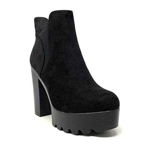 Angkorly - Zapatillas Moda Botines Botas Chelsea Boots Biker - Moto Sexy Mujer Simple básica Tacón Ancho Alto 10.5 CM - Negro LH45-2 T 38