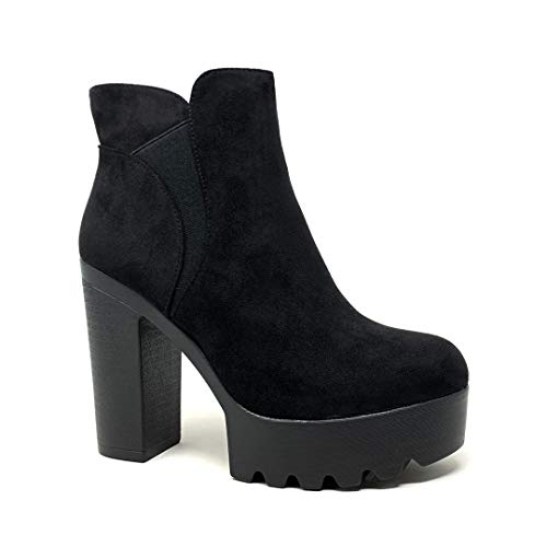 Angkorly - Zapatillas Moda Botines Botas Chelsea Boots Biker - Moto Sexy Mujer Simple básica Tacón Ancho Alto 10.5 CM - Negro LH45-2 T 38