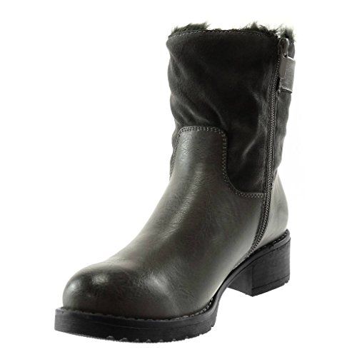 Angkorly - Zapatillas Moda Botines Botas de Nieve Bimaterial Biker Motociclistas Mujer Hebilla Piel Tachonado Tacón Ancho Alto 4 CM Forrada de Piel - Gris F2805 T 38