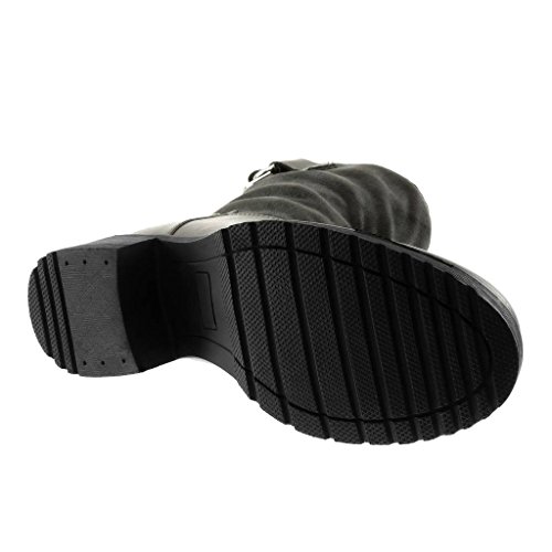 Angkorly - Zapatillas Moda Botines Botas de Nieve Bimaterial Biker Motociclistas Mujer Hebilla Piel Tachonado Tacón Ancho Alto 4 CM Forrada de Piel - Gris F2805 T 38