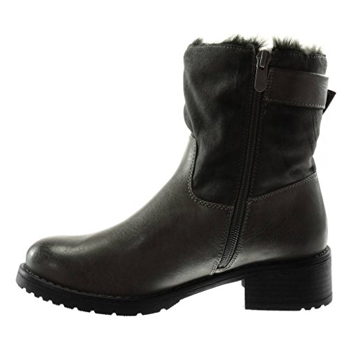 Angkorly - Zapatillas Moda Botines Botas de Nieve Bimaterial Biker Motociclistas Mujer Hebilla Piel Tachonado Tacón Ancho Alto 4 CM Forrada de Piel - Gris F2805 T 38
