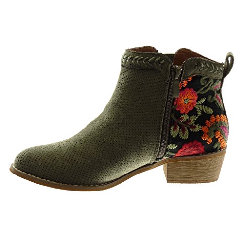 Angkorly - Zapatillas Moda Botines Botas Mocasines Chelsea Boots Mujer Flores Perforado Bordado Tacón Ancho Alto 4 CM - Verde 121-W37 T 36