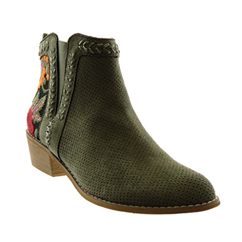 Angkorly - Zapatillas Moda Botines Botas Mocasines Chelsea Boots Mujer Flores Perforado Bordado Tacón Ancho Alto 4 CM - Verde 121-W37 T 36