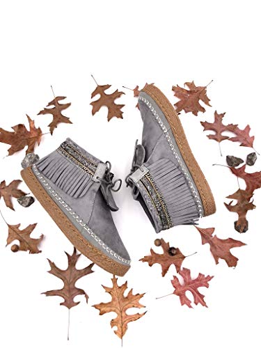Angkorly - Zapatillas Moda Botines Botas Mocasines Folk Mujer Fleco fantasía Bordado tacón Plano 2 CM - Gris M862 T 39