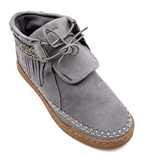 Angkorly - Zapatillas Moda Botines Botas Mocasines Folk Mujer Fleco fantasía Bordado tacón Plano 2 CM - Gris M862 T 39