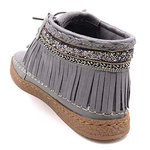 Angkorly - Zapatillas Moda Botines Botas Mocasines Folk Mujer Fleco fantasía Bordado tacón Plano 2 CM - Gris M862 T 39