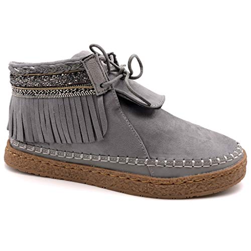 Angkorly - Zapatillas Moda Botines Botas Mocasines Folk Mujer Fleco fantasía Bordado tacón Plano 2 CM - Gris M862 T 39