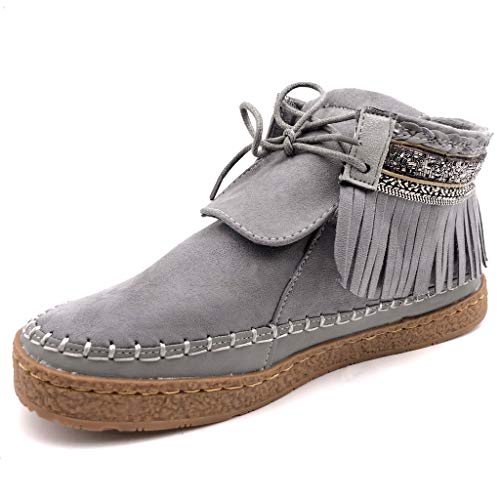 Angkorly - Zapatillas Moda Botines Botas Mocasines Folk Mujer Fleco fantasía Bordado tacón Plano 2 CM - Gris M862 T 39