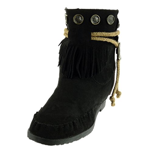 Angkorly - Zapatillas Moda Botines Botas Mocasines Mujer Fleco Tanga metálico Tacón Ancho 1.5 CM - Negro M860 T 37