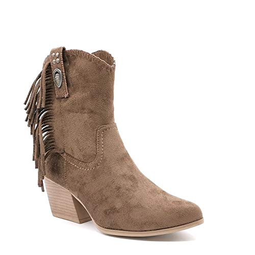 Angkorly - Zapatillas Moda Botines Botas santiags Cowboy Vaquero Botas Mocasines Cowboy Mujer Fleco Cremallera Tacón de Vaquero 8 CM - Khaki MR-8 T 39