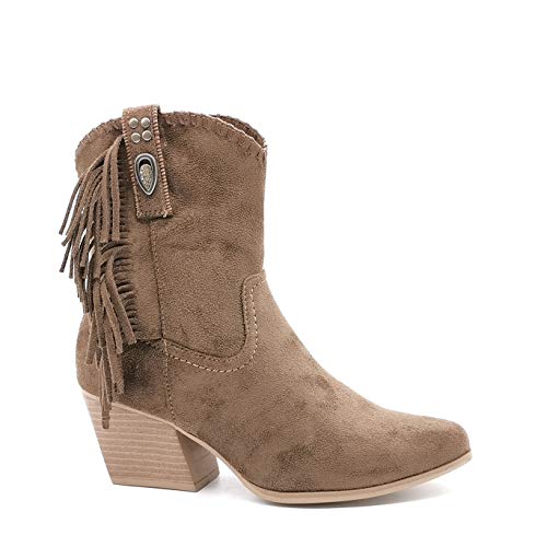 Angkorly - Zapatillas Moda Botines Botas santiags Cowboy Vaquero Botas Mocasines Cowboy Mujer Fleco Cremallera Tacón de Vaquero 8 CM - Khaki MR-8 T 39