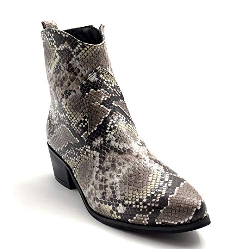 Angkorly - Zapatillas Moda Botines Botas santiags Cowboy Vaquero Western/Occidental Biker Motociclistas Mujer Efecto Piel de Serpiente pitón Tacón Ancho 4 CM - Marrón DE1077 T 38