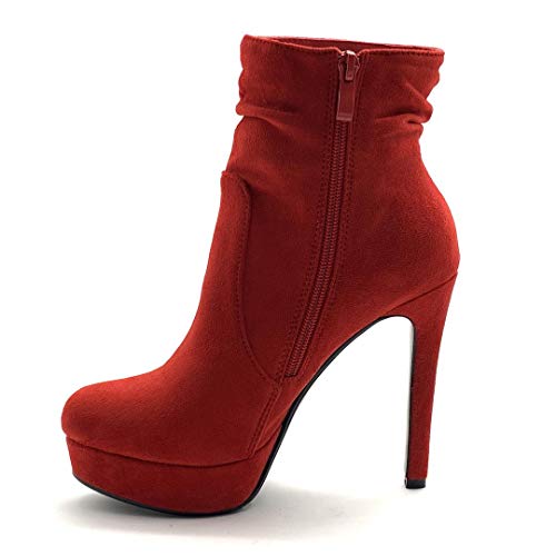 Angkorly - Zapatillas Moda Botines Botas Sexy Stiletto Biker - Moto Mujer Simple básica Tacón de Aguja Alto 12.5 CM - Rojo LL908-2 T 39