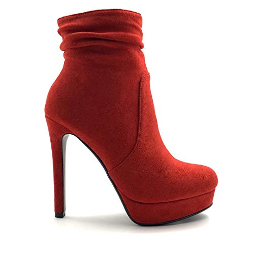 Angkorly - Zapatillas Moda Botines Botas Sexy Stiletto Biker - Moto Mujer Simple básica Tacón de Aguja Alto 12.5 CM - Rojo LL908-2 T 39