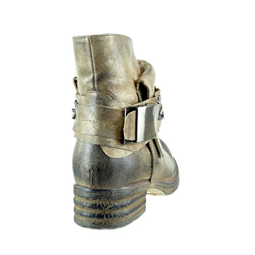 Angkorly - Zapatillas Moda Botines Cavalier Bimaterial Mujer Cadena Nodo Camuflaje Talón Tacón Ancho 3.5 CM - Oro 3308 T 36